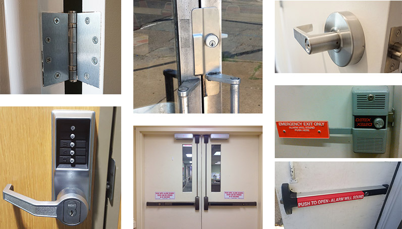 door-hardware-collage-3×2-800w a collage of commercial door hardware and locks