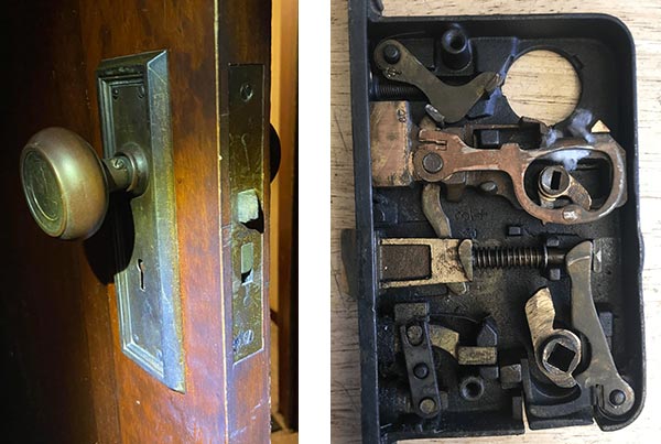 An antique mortise lock we repaired (left) and what the inside of the lock looks like (right).